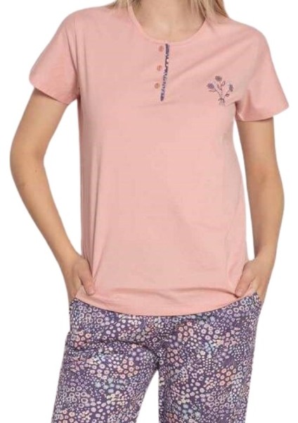 Kadın Çiçek Desen Bisiklet Yaka 3 Düğmeli Kısa Kol Cepli Pijama Takımı