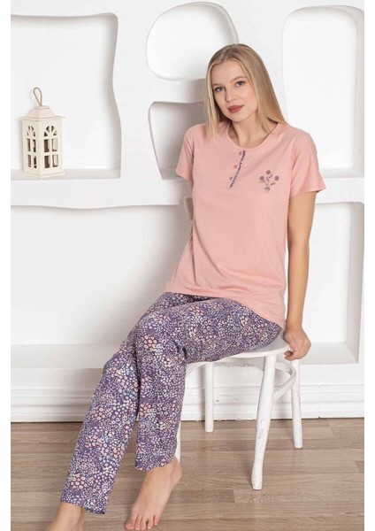 Kadın Çiçek Desen Bisiklet Yaka 3 Düğmeli Kısa Kol Cepli Pijama Takımı