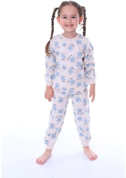 Kız Çocuk Mavi Çiçek Desenli Uzun Kollu Pijama Takımı