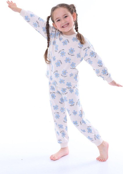 Kız Çocuk Mavi Çiçek Desenli Uzun Kollu Pijama Takımı