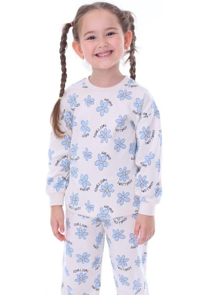 Kız Çocuk Mavi Çiçek Desenli Uzun Kollu Pijama Takımı