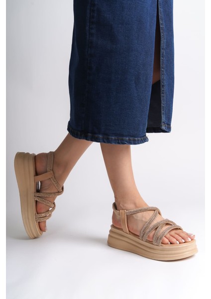 Elena Lastikli Taşlı Şeritli Ortopedik Taban Kadın Sandalet Tt - Ten