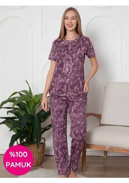 Kadın Çiçek Desen Bisiklet Yaka 3 Düğmeli Kısa Kol Cepli Pijama Takımı fiyatları