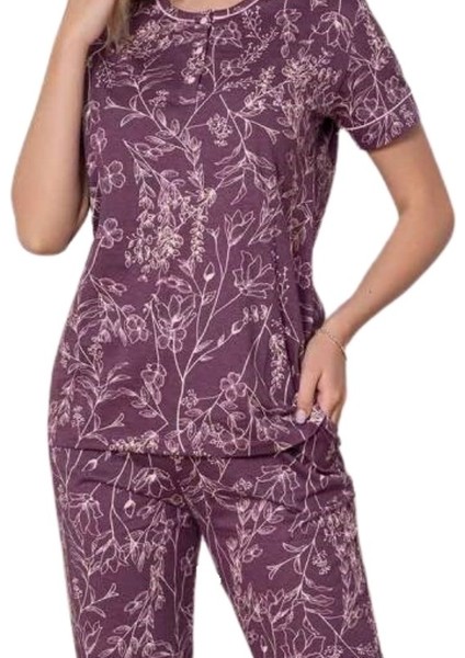 Kadın Çiçek Desen Bisiklet Yaka 3 Düğmeli Kısa Kol Cepli Pijama Takımı modelleri