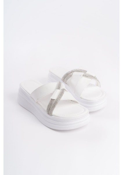 Ruby Düz Topuklu Taşlı Çapraz Şeritli Kalın ve Ortopedik Taban Kadın Terlik Bt - Beyaz fırsatları