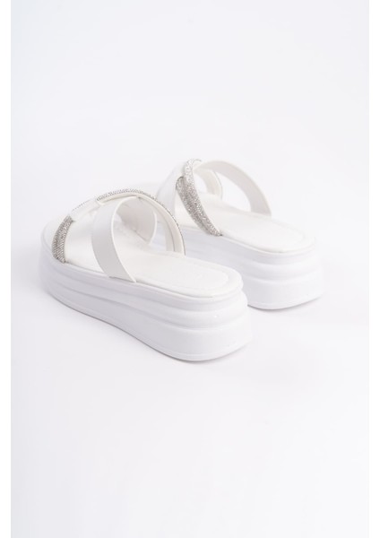 Ruby Düz Topuklu Taşlı Çapraz Şeritli Kalın ve Ortopedik Taban Kadın Terlik Bt - Beyaz indirimleri