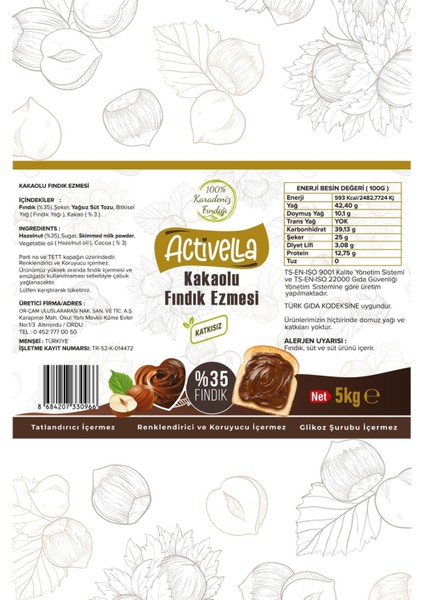 Kakaolu Fındık Ezmesi 5kg %35 Fındıklı