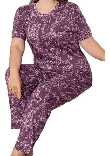 Kadın Çiçek Desen Bisiklet Yaka 3 Düğmeli Kısa Kol Cepli Pijama Takımı