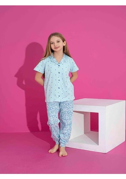 Kız Çocuk Önden Düğmeli Kalp Desenli Mavi Pijama Takımı