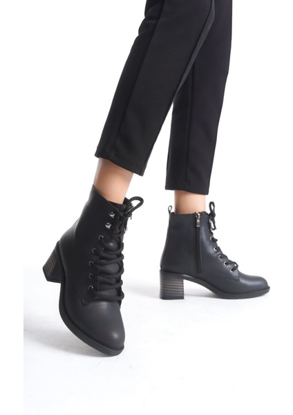 Lena Bağcıklı Fermuarlı Ortopedik Taban Topuklukadın Bot St - Siyah