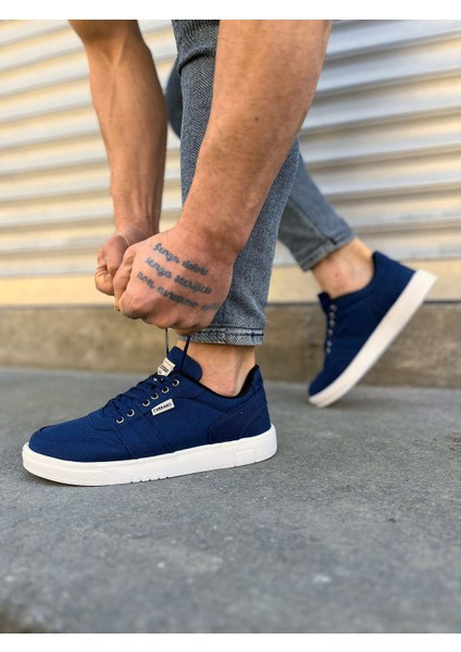 JY0118 Rex Bağcıklı Keten Kumaş Erkek Günlük Sneaker Ayakkabı Kbt - Lacivert