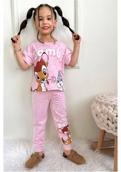 Kız Çocuk Desenli Kısa Kollu Tshırt Pijama 2'li Takım