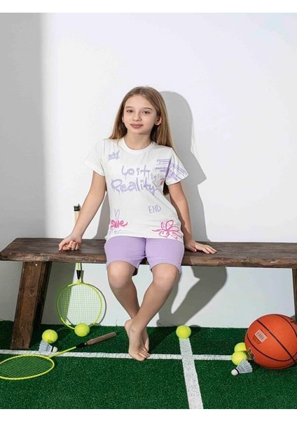 Kız Çocuk Desenli Lila Şortlu Pijama Takımı