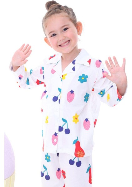 Kiz Çocuk Desenli̇ Düğmeli̇ Uzun Kollu Pi̇jama Takimi