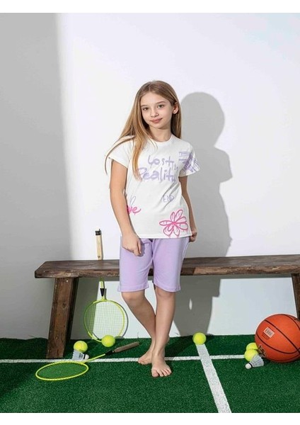 Kız Çocuk Desenli Lila Şortlu Pijama Takımı