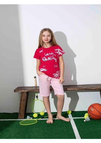 Kız Çocuk Desenli Kırmızı Şortlu Pijama Takımı