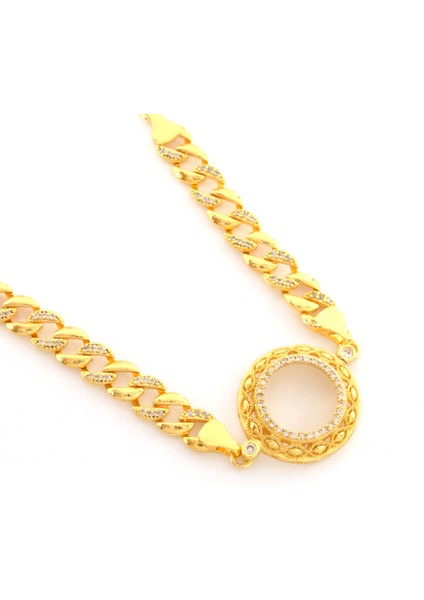 Çeyrek Altın Çerçeve Bileklik Çelik Altın Kaplama Işlemeli Figaro Model BLK-1085