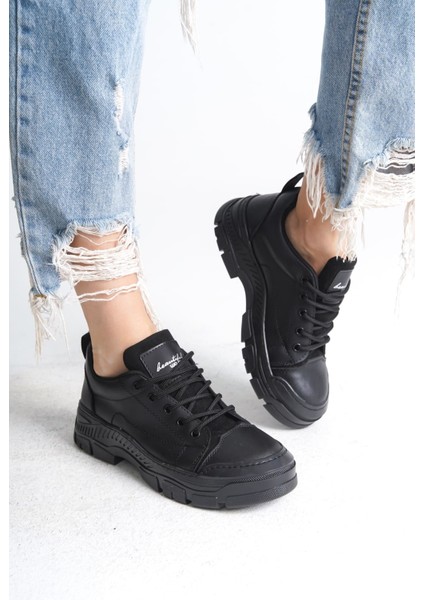 Jane Bağcıklı Ortopedik Taban Kadın Sneaker Spor Ayakkabı St - Siyah