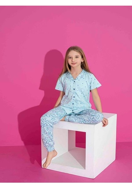 Kız Çocuk Önden Düğmeli Kalp Desenli Mavi Pijama Takımı