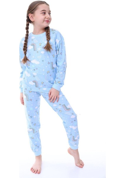 Kız Çocuk Gökkuşağı Desenli Uzun Kollu Pijama Takımı