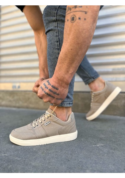 JY0118 Rex Bağcıklı Keten Kumaş Erkek Günlük Sneaker Ayakkabı Kkt - Bej
