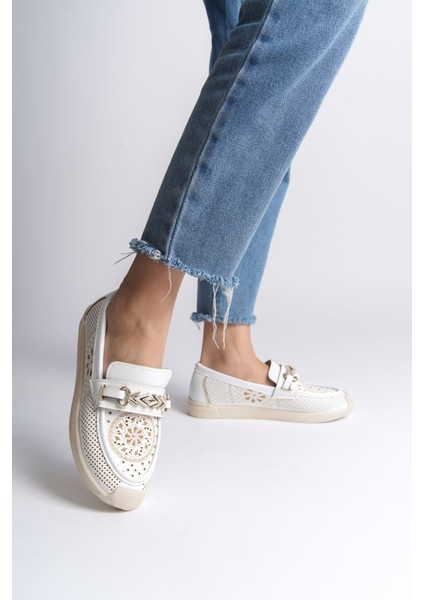 Lıly Bağcıksız Ortopedik Rahat Taban Çiçek Desenli Kadın Babet Ayakkabı Kt - Beyaz fiyatları