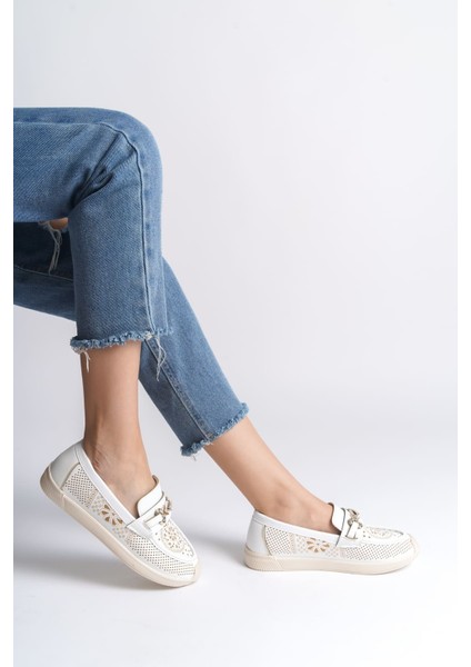 Lıly Bağcıksız Ortopedik Rahat Taban Çiçek Desenli Kadın Babet Ayakkabı Kt - Beyaz modelleri