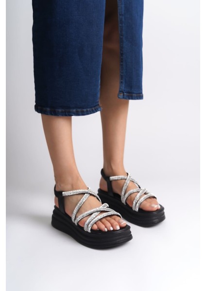 Elena Lastikli Taşlı Şeritli Ortopedik Taban Kadın Sandalet St - Siyah