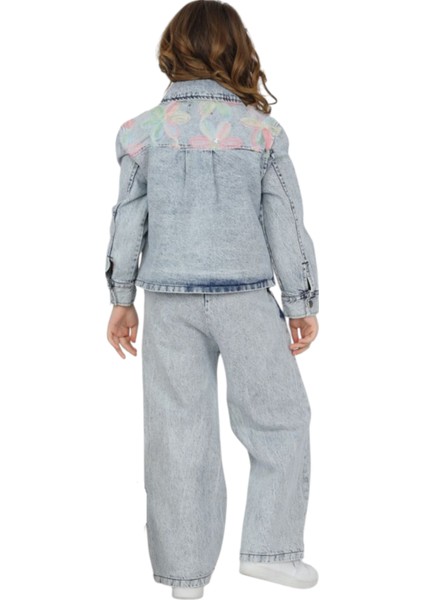 Kız Çocuk Ceketi Çiçek Detaylı Çıtçıt Kapamalı Cepli Kot Pantolonlu Takım fiyatları