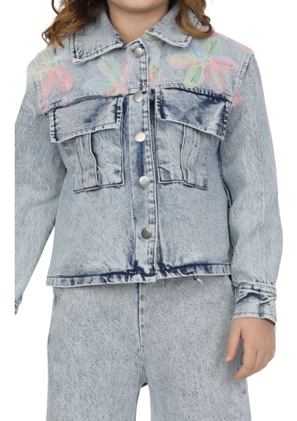 Kız Çocuk Ceketi Çiçek Detaylı Çıtçıt Kapamalı Cepli Kot Pantolonlu Takım modelleri