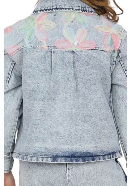 Kız Çocuk Ceketi Çiçek Detaylı Çıtçıt Kapamalı Cepli Kot Pantolonlu Takım fırsatları