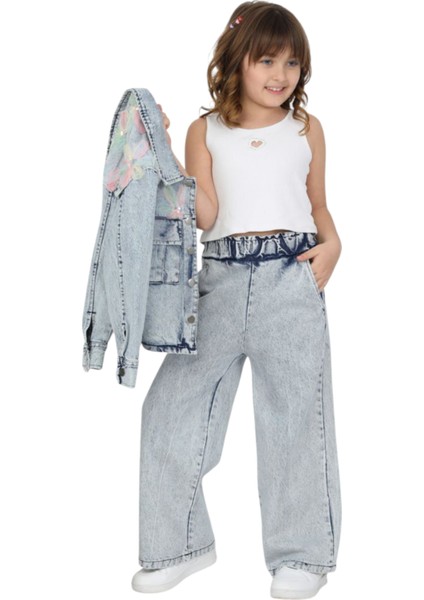 Kız Çocuk Ceketi Çiçek Detaylı Çıtçıt Kapamalı Cepli Kot Pantolonlu Takım indirimleri