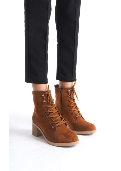 Lena Bağcıklı Fermuarlı Ortopedik Taban Topuklu Süet Kadın Bot Tt - Taba