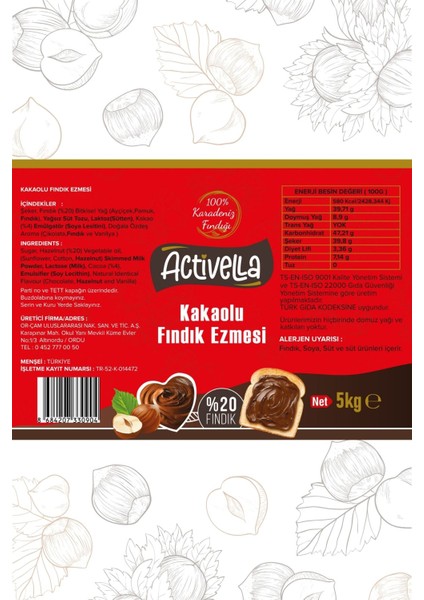 Kakaolu Fındık Ezmesi 5kg %20 Fındıklı