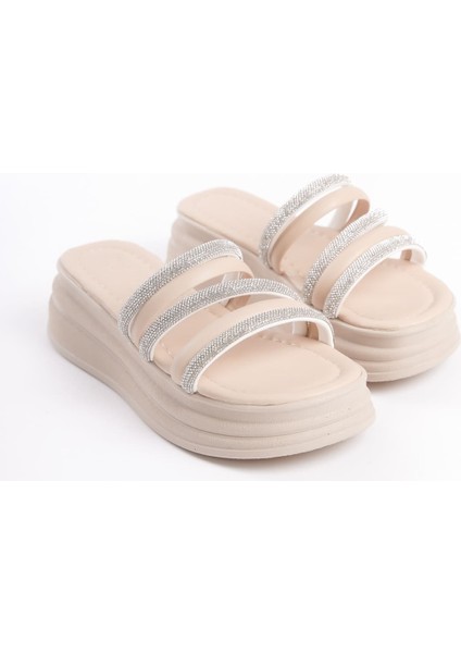 Elıse Düz Topuklu Şeritli Taşlı Kalın ve Ortopedik Taban Kadın Terlik Kt - Krem fırsatları