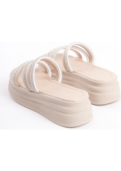 Elıse Düz Topuklu Şeritli Taşlı Kalın ve Ortopedik Taban Kadın Terlik Kt - Krem indirimleri