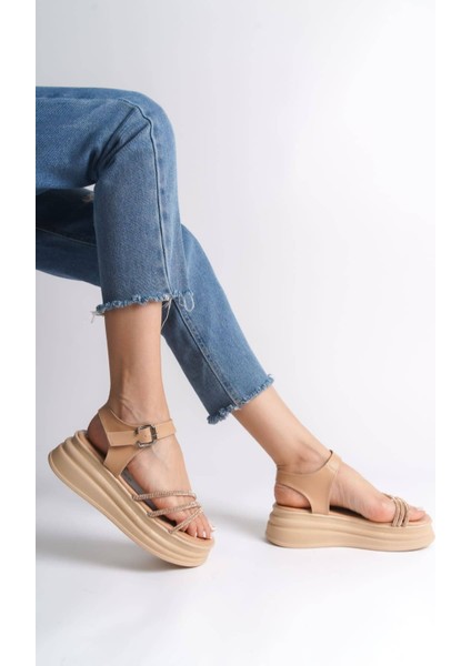 Eva Kalın Tokalı Taşlı Şeritli Ortopedik Taban Kadın Sandalet Tt - Ten fiyatları