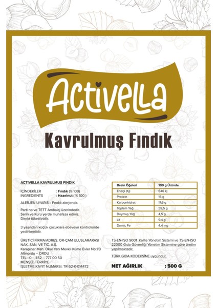 kavrulmuş Iç Fındık 500GR