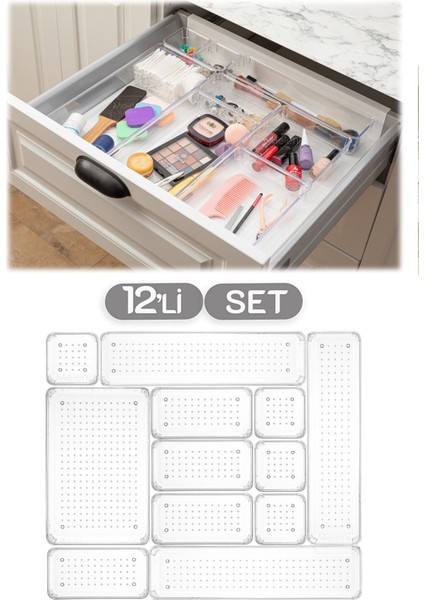 12'li Set Modüler Çekmece Içi Düzenleyici, Banyo Makyaj - Takı Düzenleyici - Ofis Masaüstü Organize