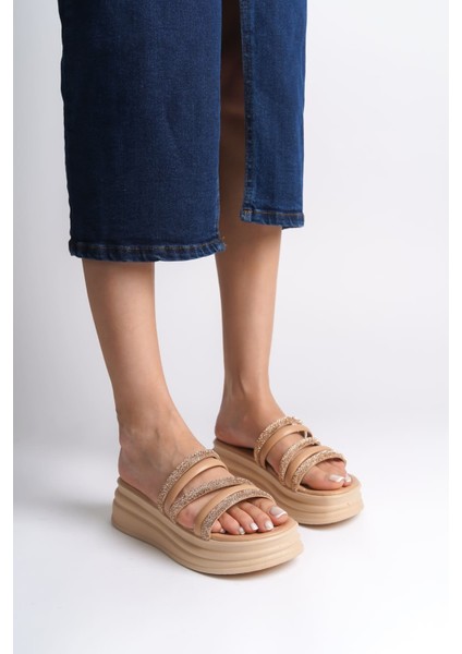 Elıse Düz Topuklu Şeritli Taşlı Kalın ve Ortopedik Taban Kadın Terlik Tt - Ten