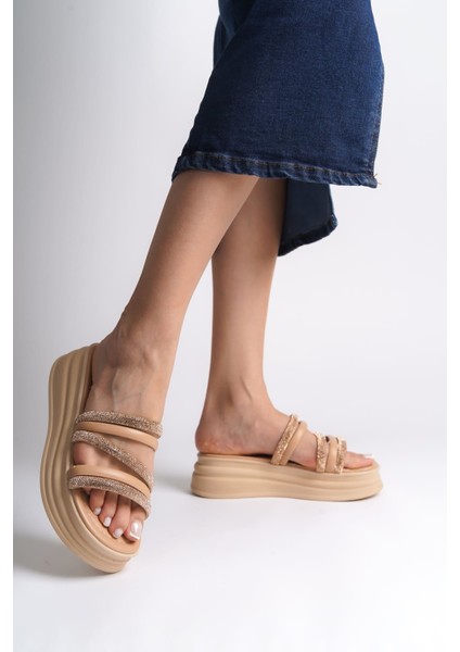 Elıse Düz Topuklu Şeritli Taşlı Kalın ve Ortopedik Taban Kadın Terlik Tt - Ten fiyatları