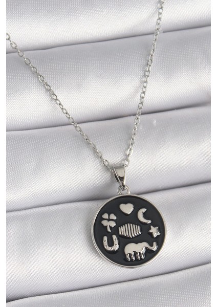 316L Çelik Gümüş Renk Siyah Renk Şans Kolyesi - TJ-BKO9546