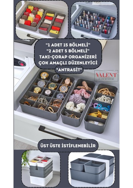 3'lü Set Bölmeli Makyaj Takı Organizer, Banyo Mutfak Düzenleyici 15GÖZLÜ 1ADET, 5gözlü 2ADET Antras