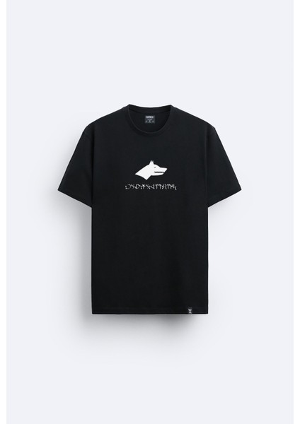 Türk Bozkurt Baskılı Bisiklet Yaka Normal Kalıp Siyah Tişört T-Shirt