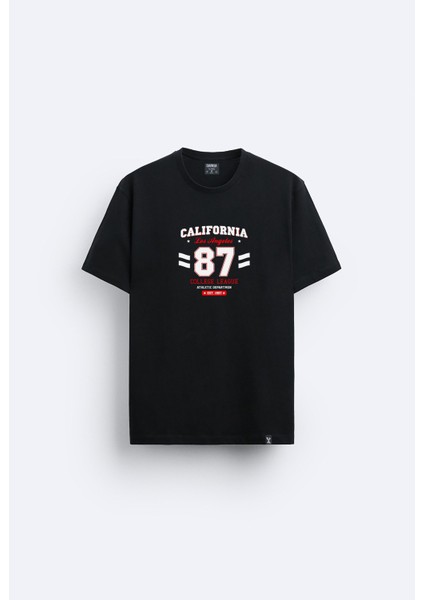 Amerika Los Angeles Kaliforniya Baskılı Bisiklet Yaka Normal Kalıp Siyah Tişört T-Shirt