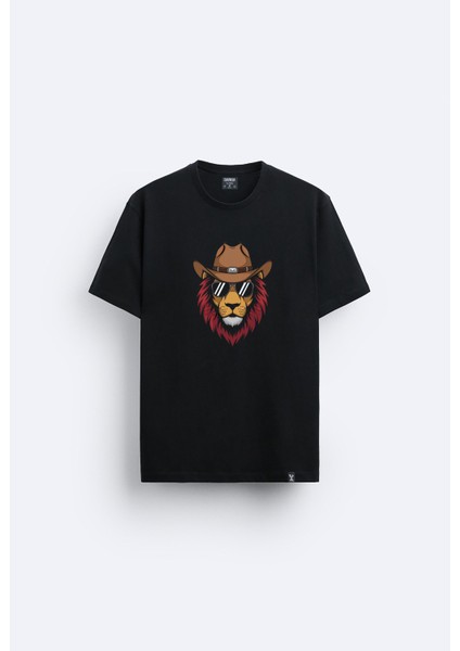 Kovboy Aslan Baskılı Bisiklet Yaka Normal Kalıp Siyah Tişört T-Shirt