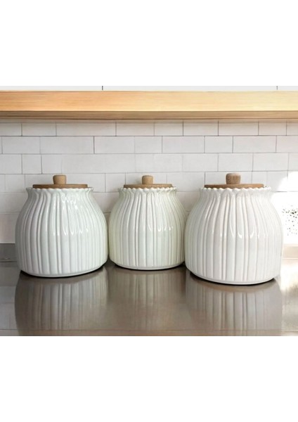 3'lü Papatya Desenli Bambu Kapaklı Porselen Çay,şeker,tuz,kahve Saklama Kabı Kavanoz Seti fiyatları