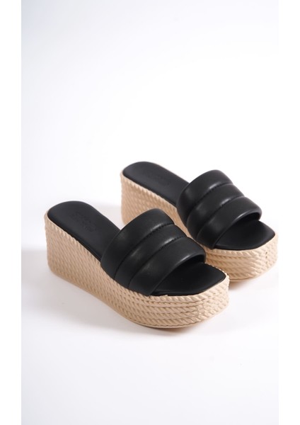 Reına Dolgu Topuklu Ortopedik Taban Hasır Görünümlü Kadın Terlik Kt - Siyah fırsatları