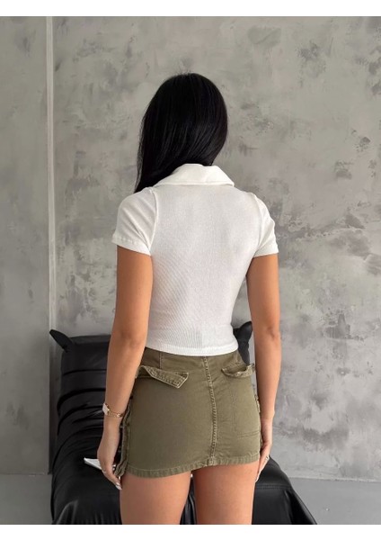 Kaşkorse Yaka Fermuarlı Bluz Beyaz modelleri