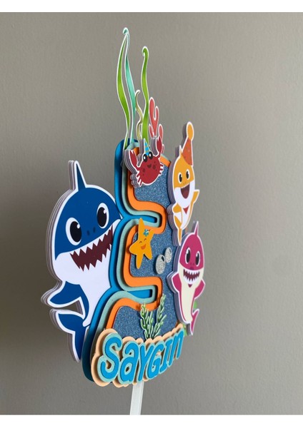 Baby Shark Temalı Doğum Günü Kişiye Özel 3D Cake Topper & Sticker Kürdan Seti (Çok Amaçlı Kullanım) modelleri